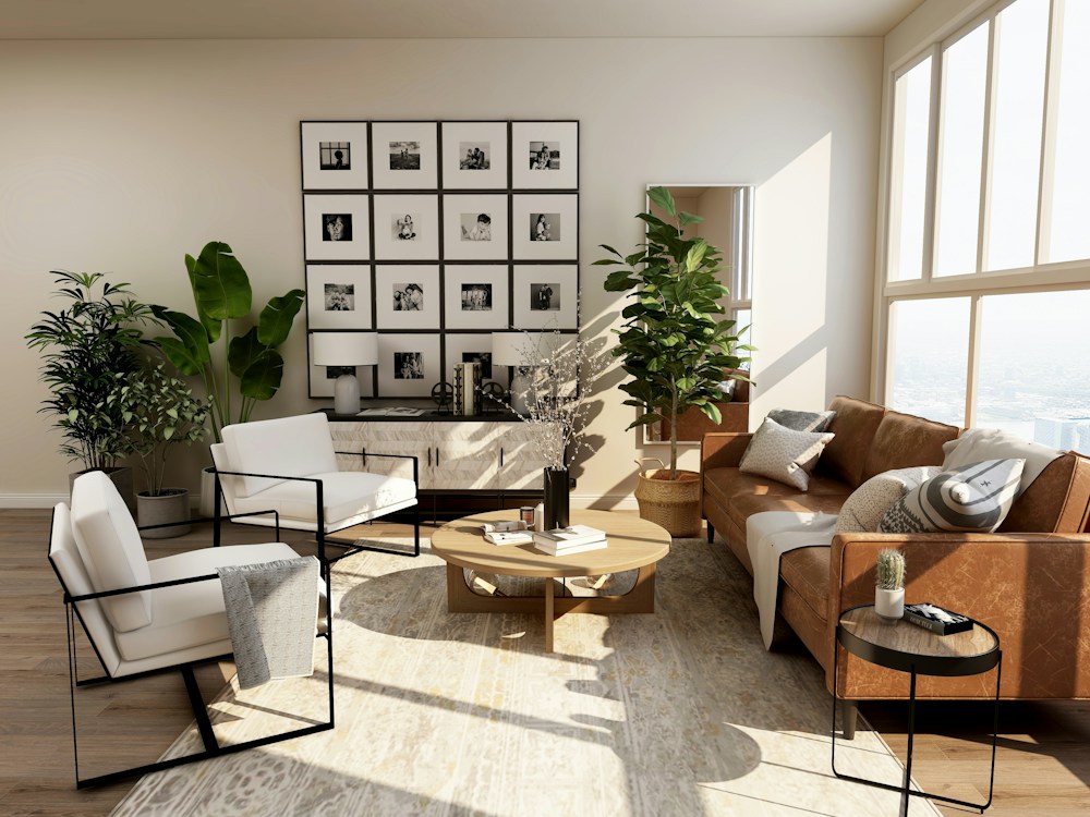 Bright living room with warm neutral furniture